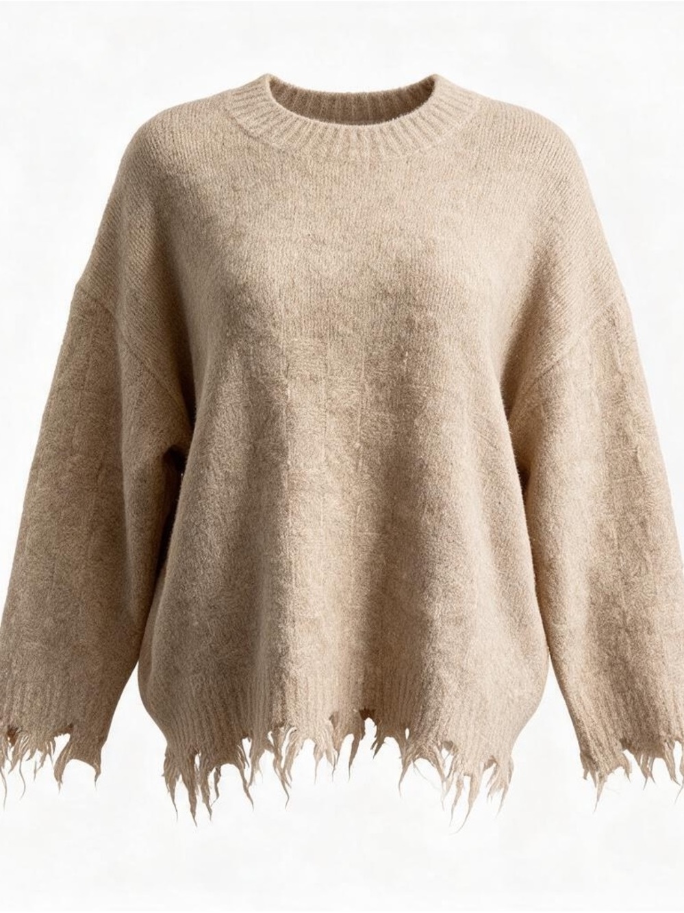 POL Oversized Distressed-Hem Crewneck Sweater in Beige